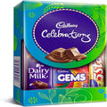 Cadbury Celebrations chocolate box with Dairy Milk, Gems, and 5Star packaging on a white background