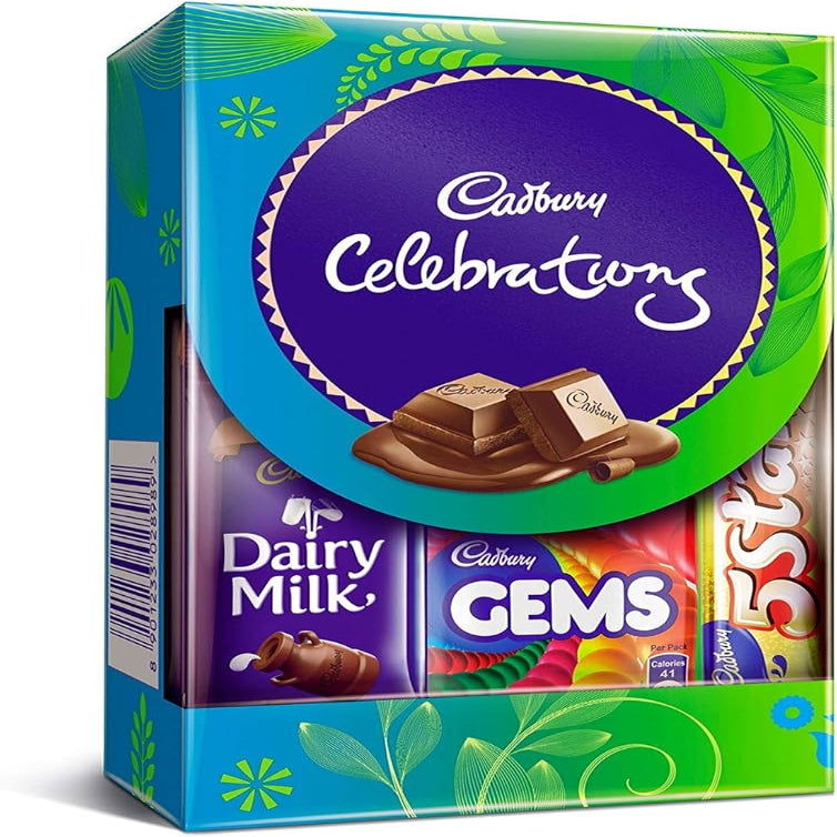 Cadbury Celebrations chocolate box with Dairy Milk, Gems, and 5Star packaging on a white background