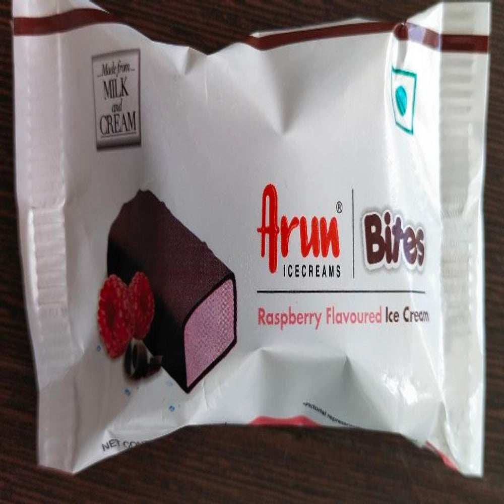 Packaged ice cream with 'Arun Bites' branding on a wooden surface
