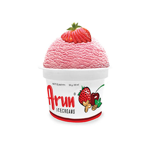 Pink ice cream in a container with 'Arun Icecreams' branding on a white background