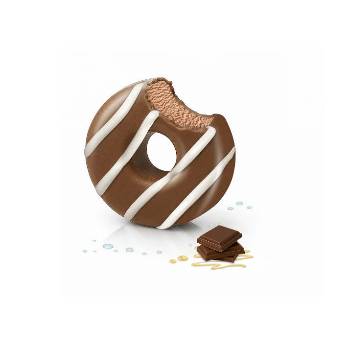 Chocolate donut with white drizzle on a white background