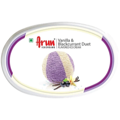 Hula hoop with Arun Vanilla & Blackcurrant Duet ice cream flavor text and illustration on a white background
