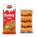 Packaged Bombay Toast with a red and white label on a white background