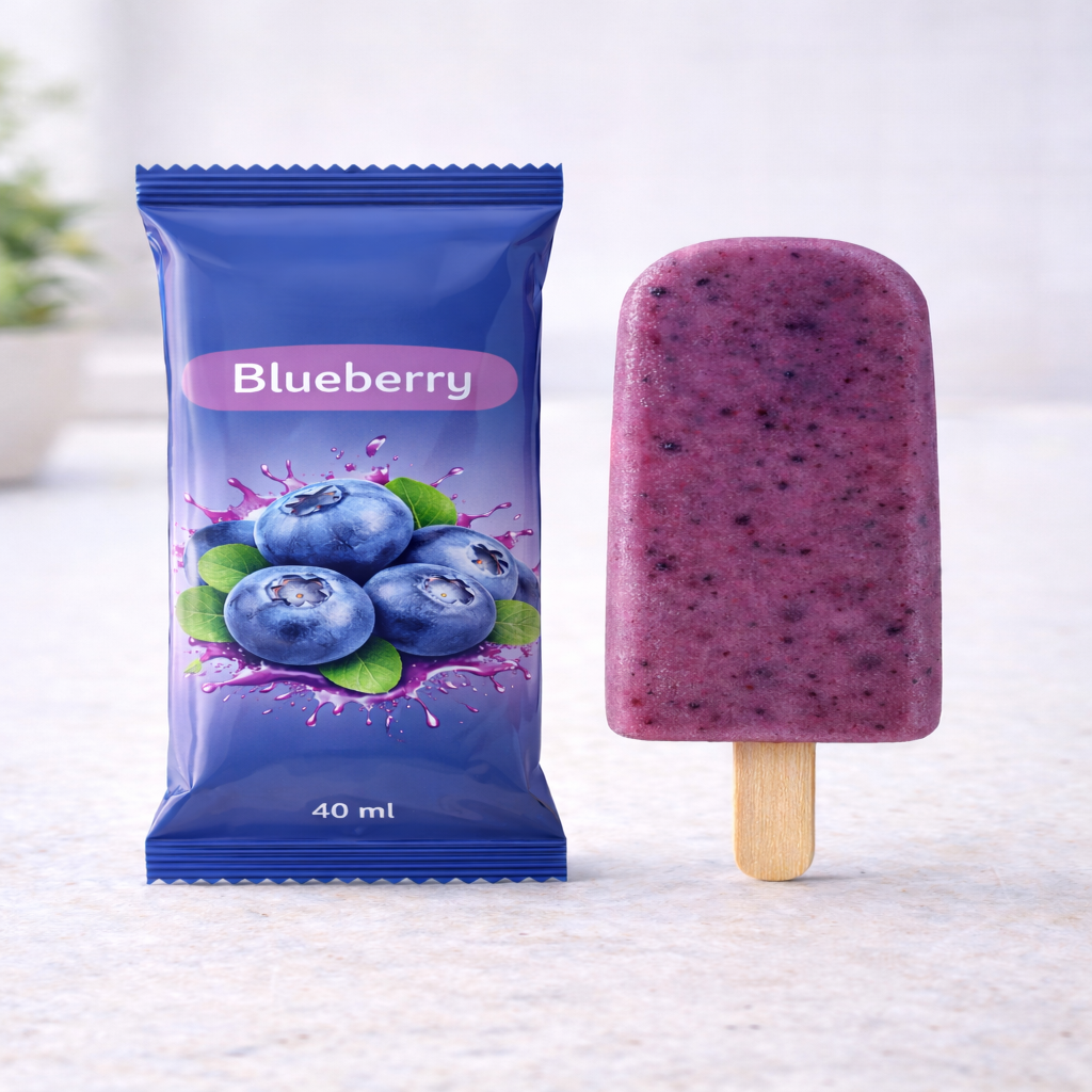 Blueberry popsicle with packaging on a white background