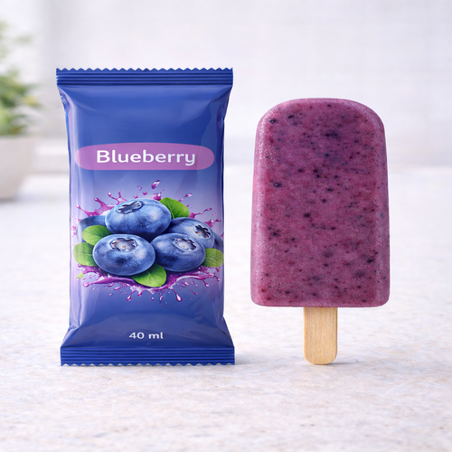 Blueberry popsicle with packaging on a white background
