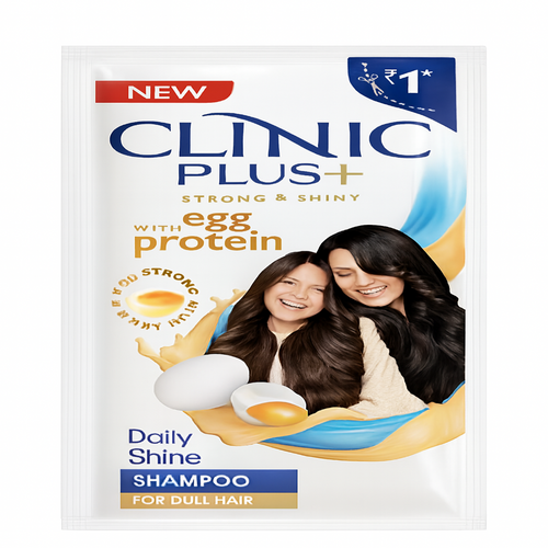 Clinic Plus egg protein shampoo packaging with two women and eggs on a white background