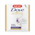 Dove shampoo packet with branding and product details on a white background
