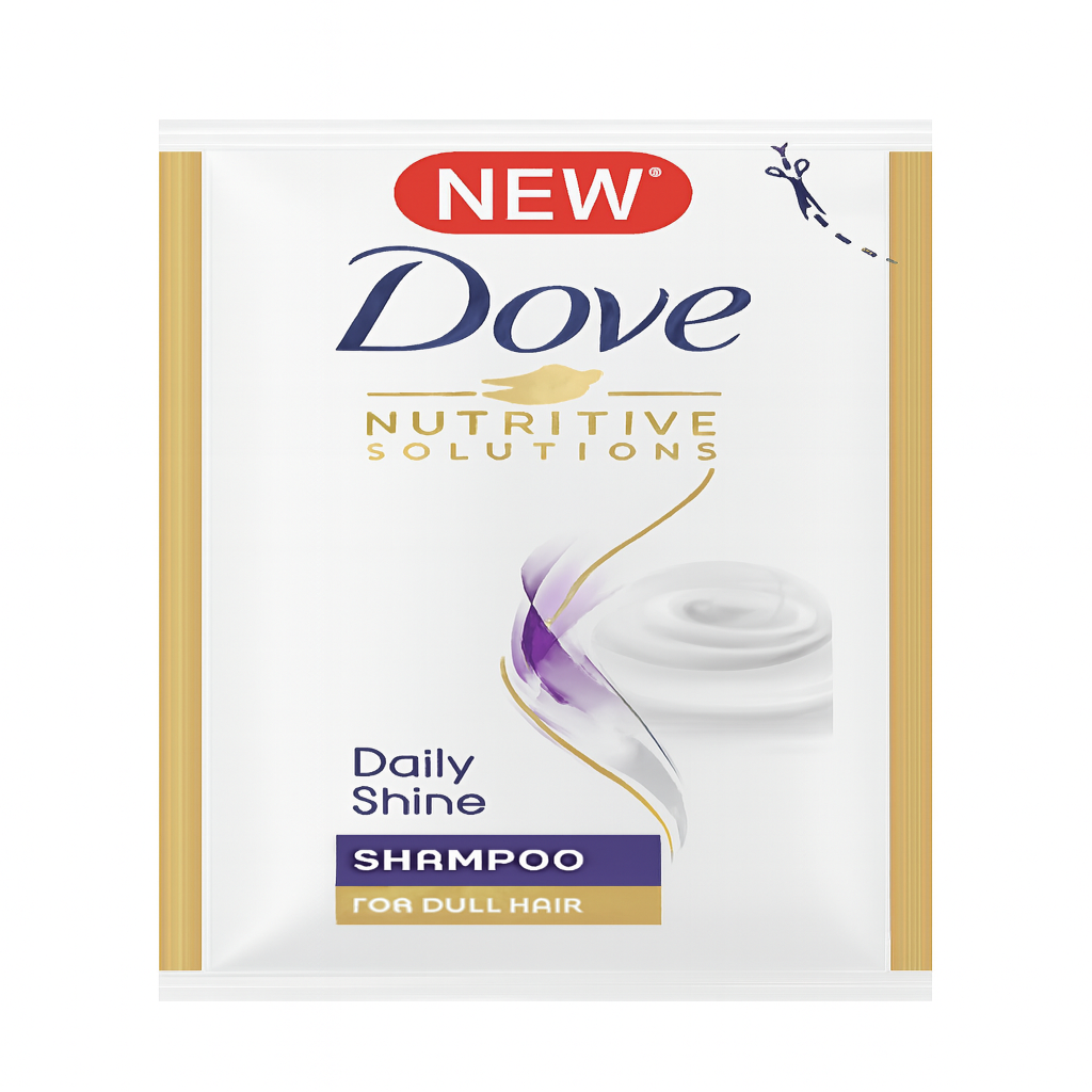 Dove shampoo packet with branding and product details on a white background