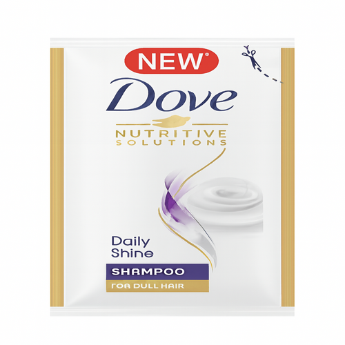 Dove shampoo packet with branding and product details on a white background
