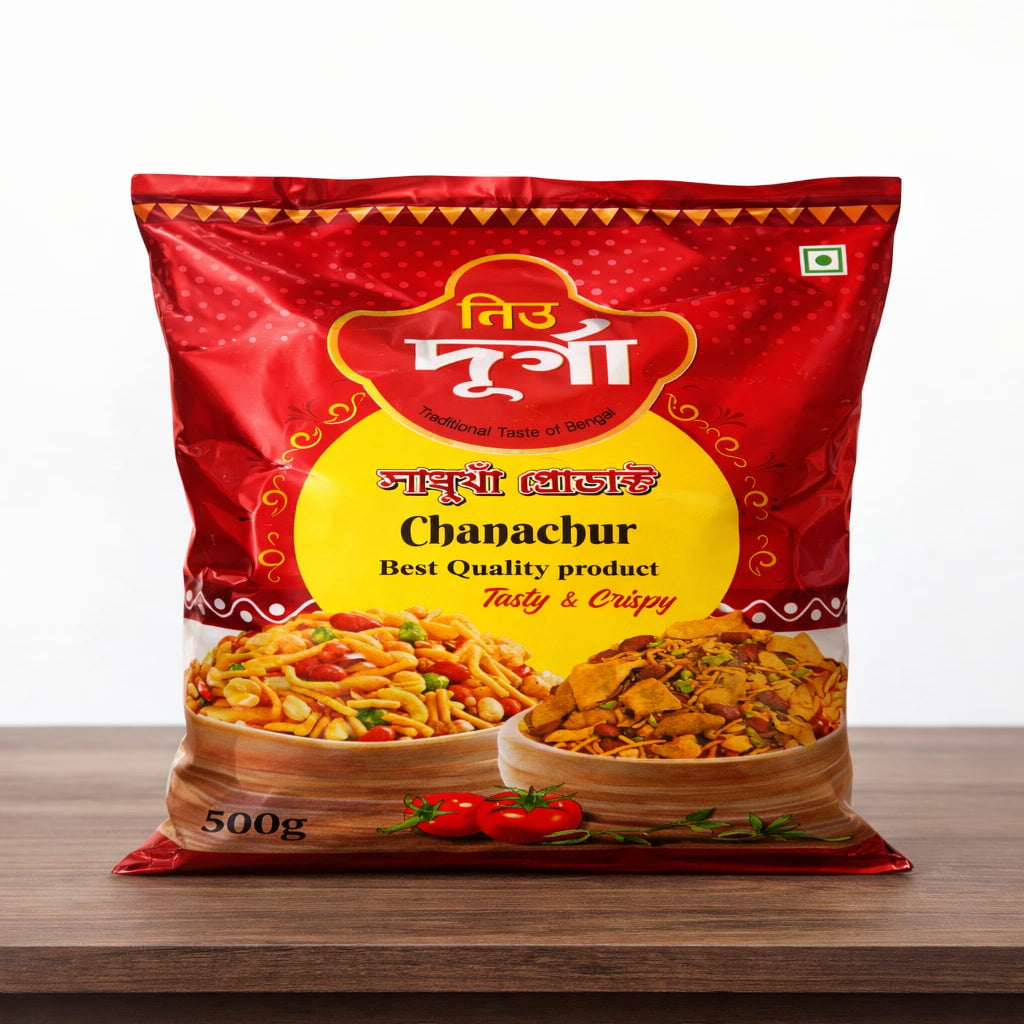 Red package of Chanachur on a wooden surface with a white background