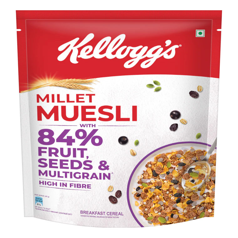 Kellogg's Millet Muesli packaging with visible ingredients and branding.
