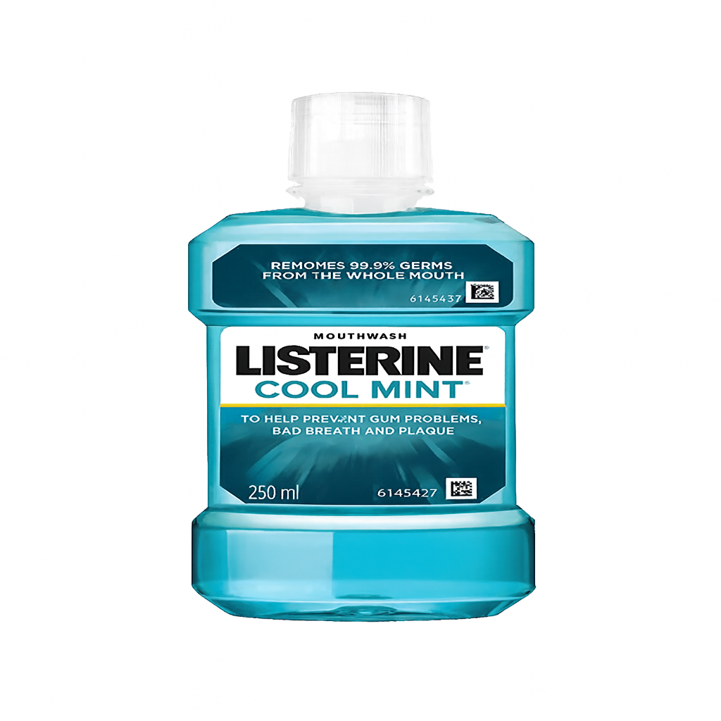 Bottle of Listerine Cool Mint mouthwash on a white background