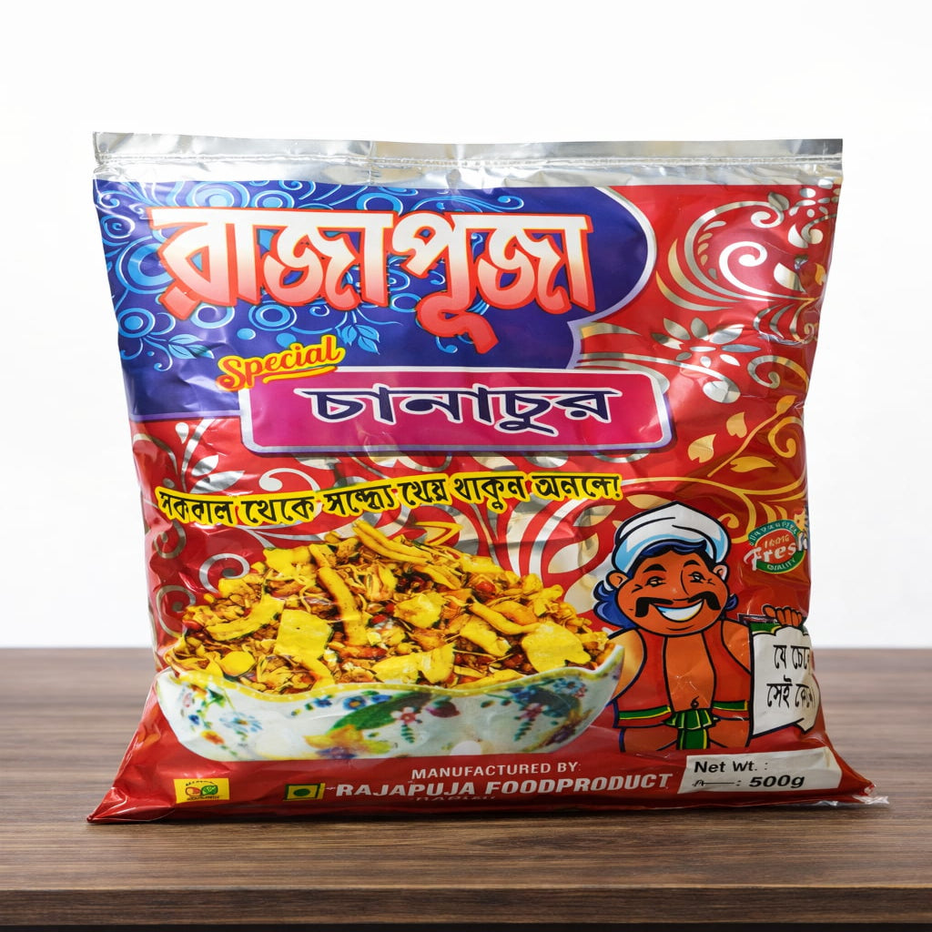 Packaged snack with colorful label on a wooden surface