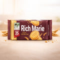 Rich Marie cookie bar packaging with wheat grains on a beige background