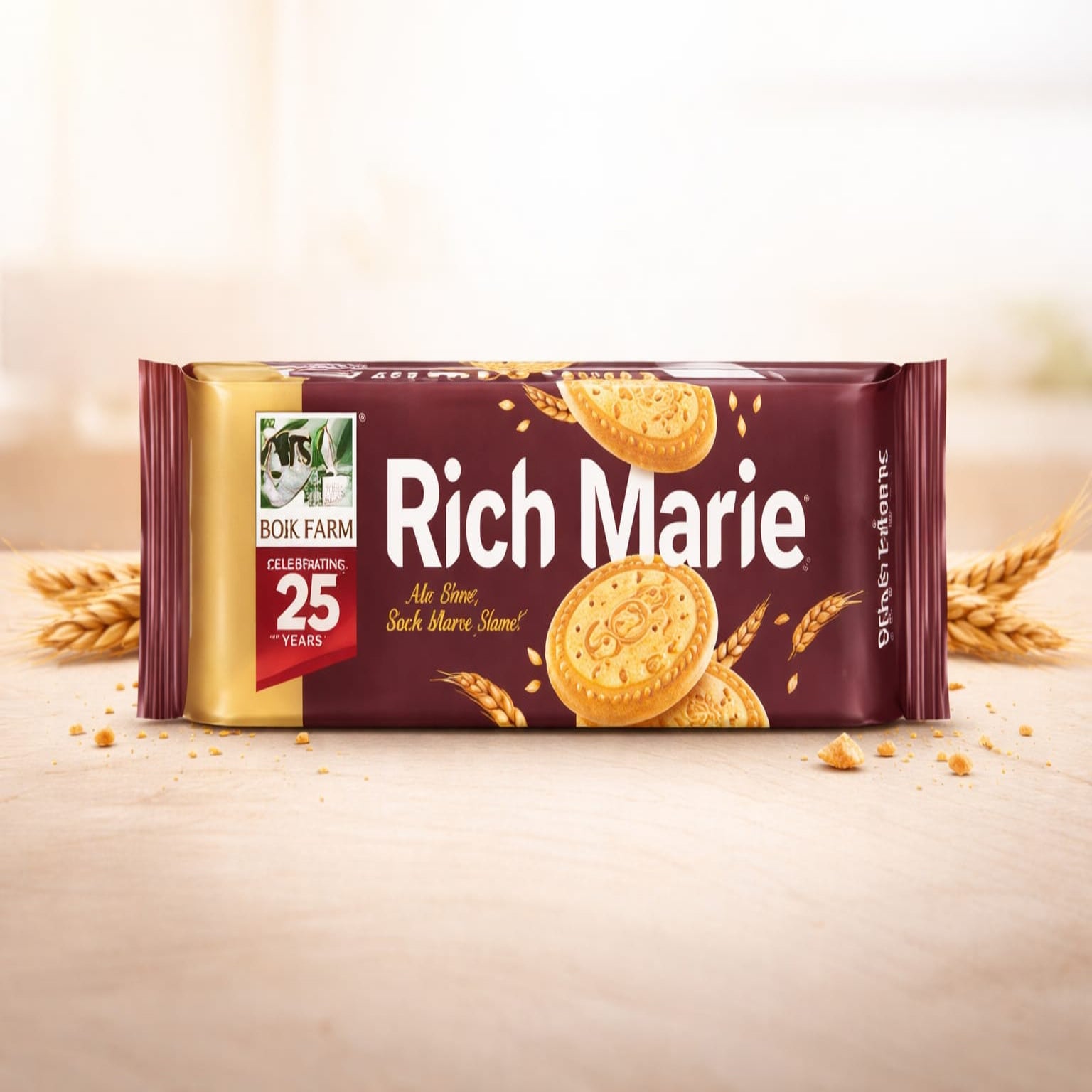 Rich Marie cookie bar packaging with wheat grains on a beige background