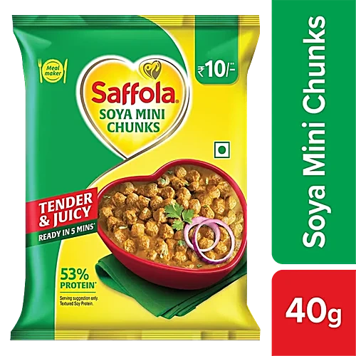 Saffola Soya Mini Chunks packaging with a bowl of food on a green and yellow background