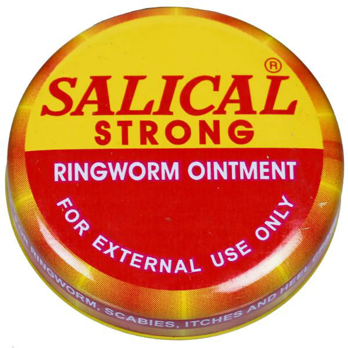 Round container of Salical Strong Ringworm Ointment with yellow and red label.