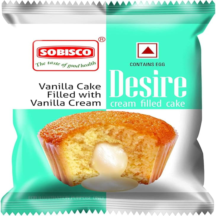 Sobisco Desire cream filled cake packaging with vanilla cake and cream filling visible.