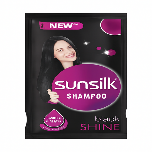 Sunsilk shampoo packet with a woman holding black hair, on a white background