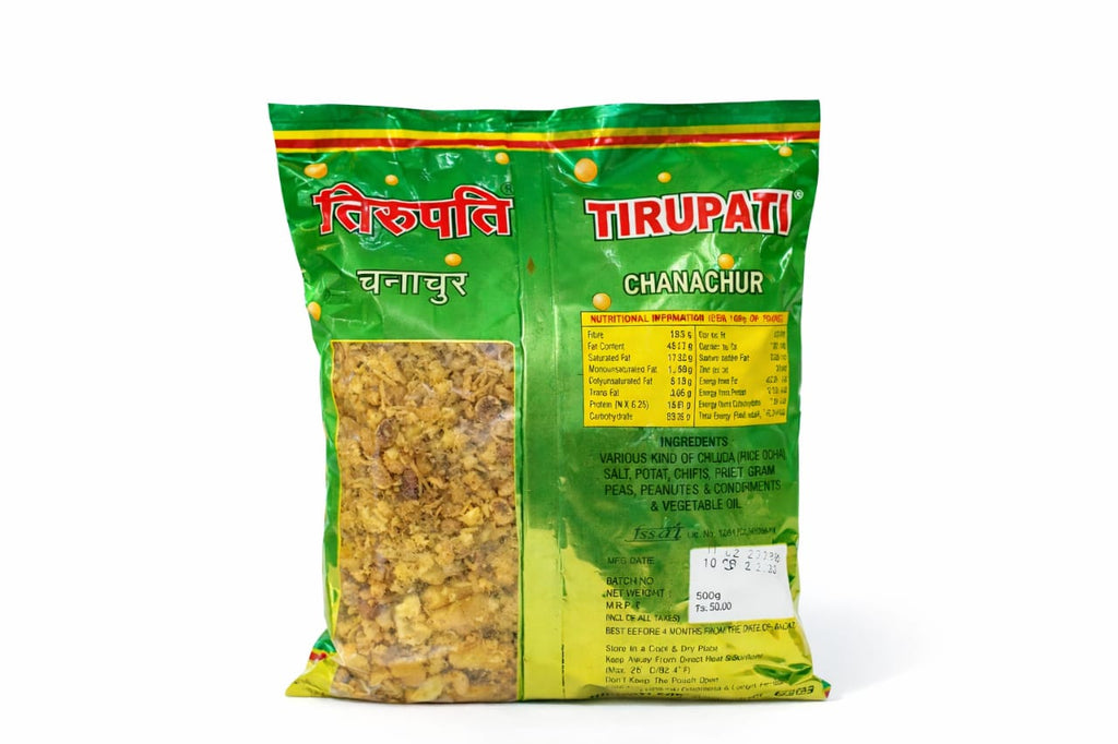 Green package of Tirupati Chanachur with yellow text and images on a white background