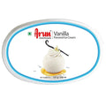 Vanilla ice cream container with vanilla bean on a white background