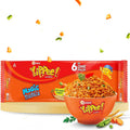 Yippee noodles packaging with a bowl of noodles and floating ingredients on a white background