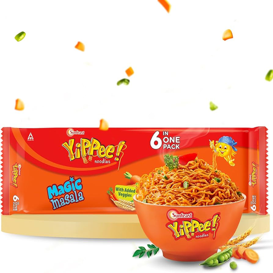 Yippee noodles packaging with a bowl of noodles and floating ingredients on a white background