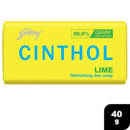 Cinthol Lime soap bar packaging with yellow background