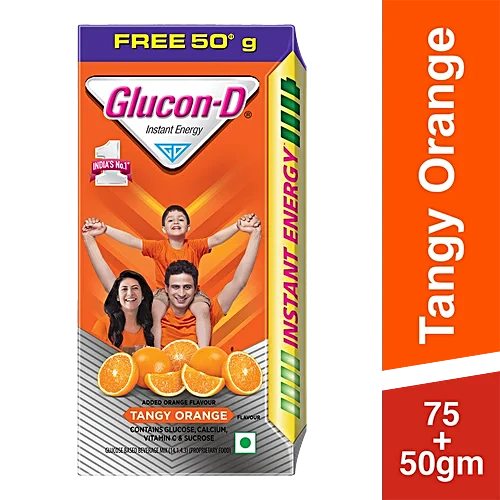 Glucon-D Instant Energy Glucose Powder - Tangy Orange, 75 g (Get 50 g Free)