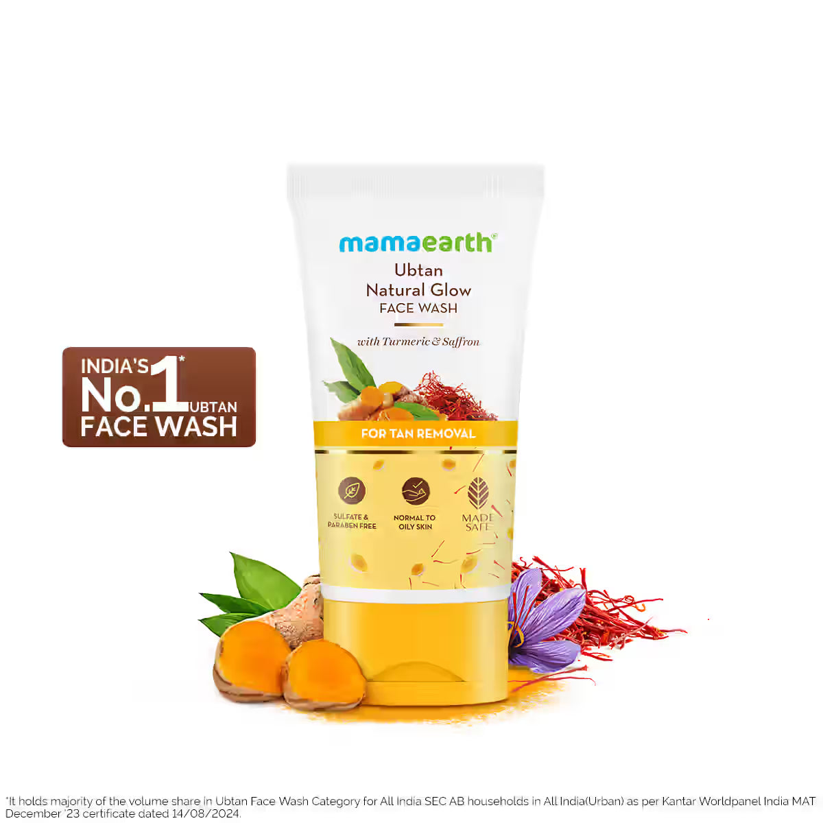 Mamaearth Ubtan Natural Glow Face Wash with ingredients on a white background