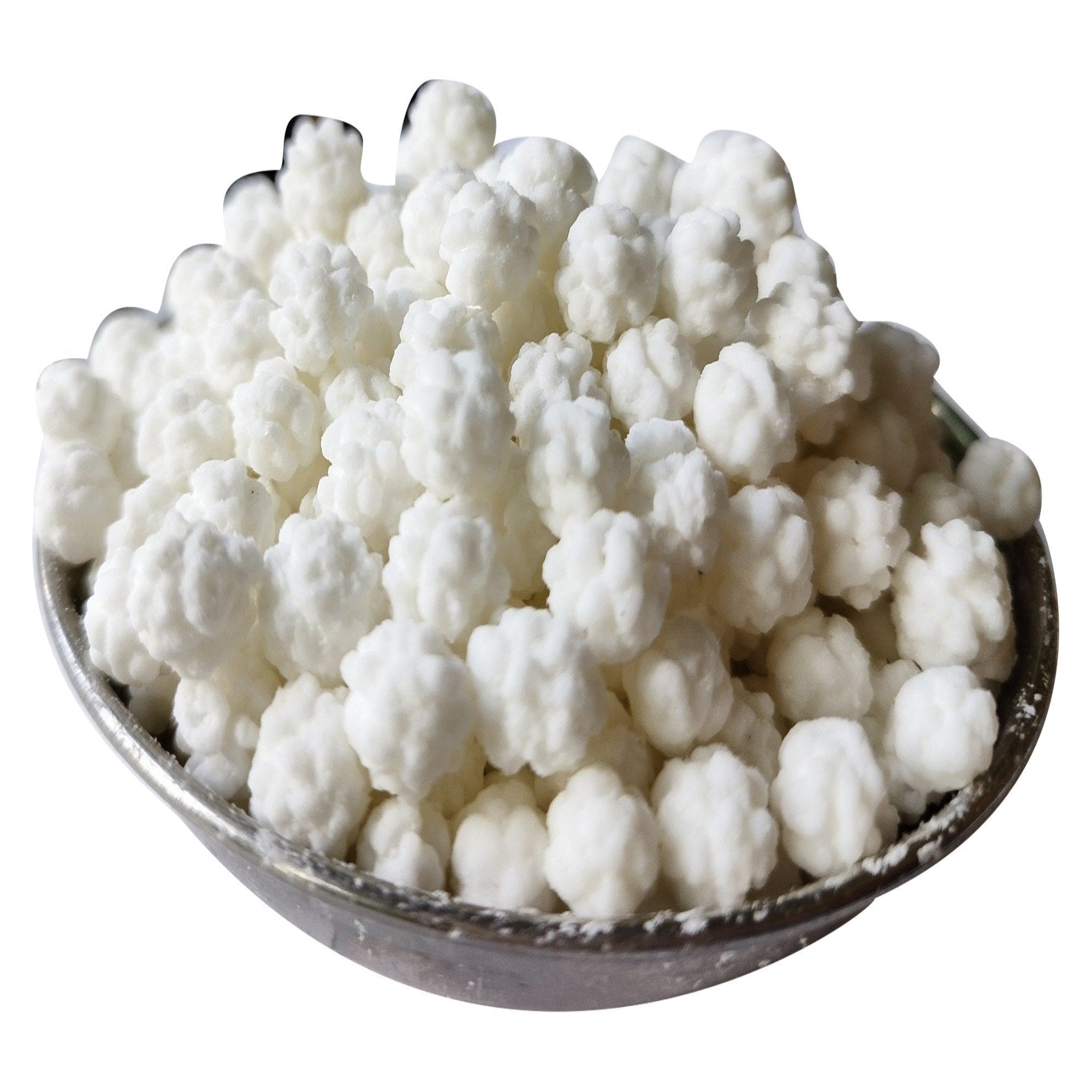 Bowl of white cauliflower florets on a white background