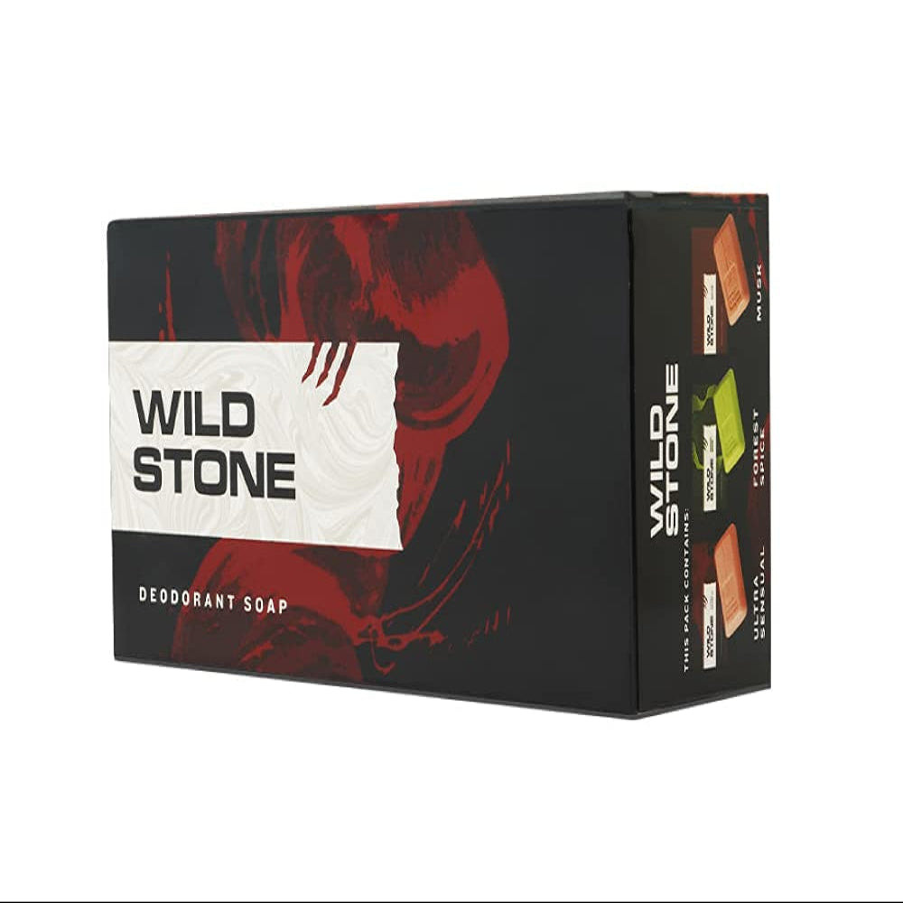 Box of Wild Stone deodorant soap with 100g x 6 packaging on a white background